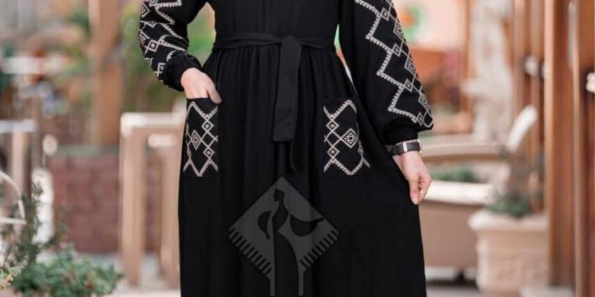 Teal Abaya with White Sleeve Embroidery (Asmaa Ahmed)