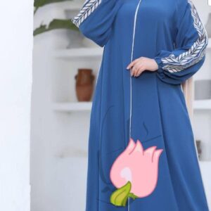 Blue Dress with White Leaf Embroidery on Sleeves