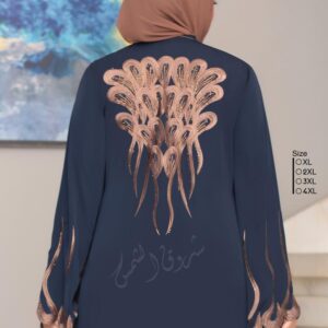 Navy blue abaya with intricate gold embroidery on the back and sleeves